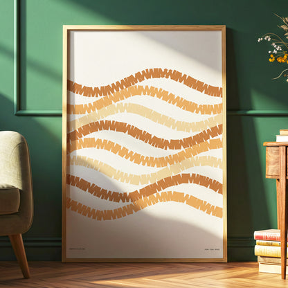 Woven Earth Rhythms, beige, brown, orange abstract wall art displayed in a styled interior, gallery view 6