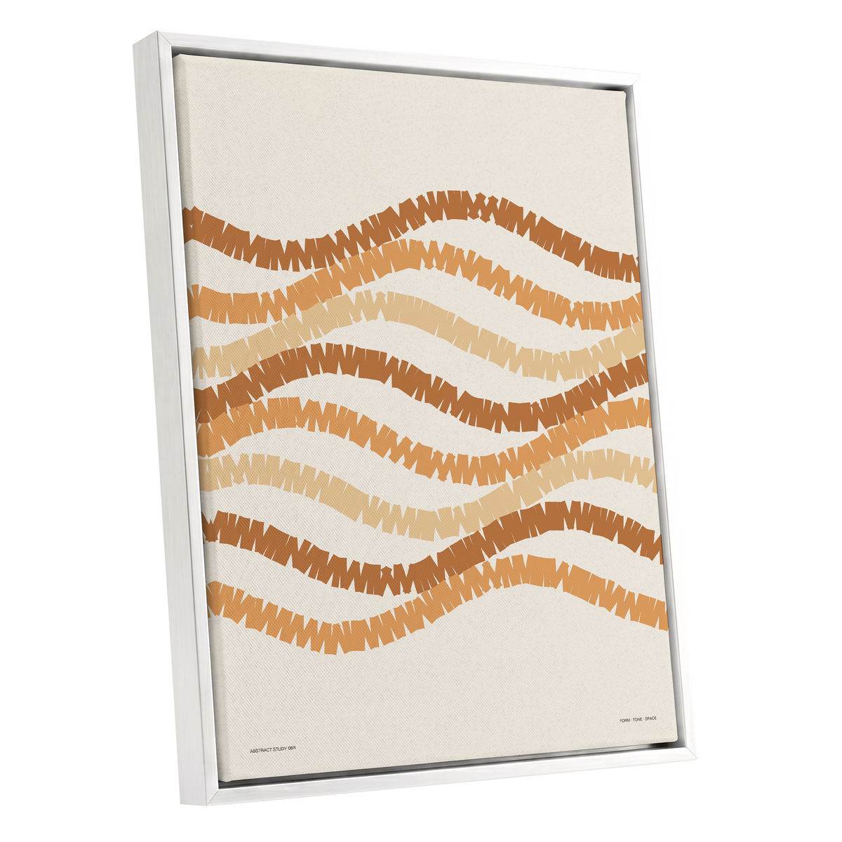 Woven Earth Rhythms, beige, brown, orange abstract wall art shown as a white framed canvas wall art