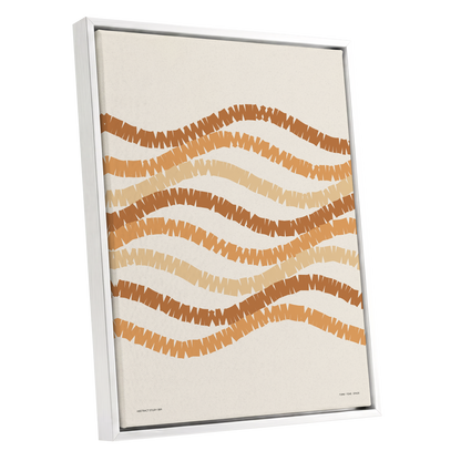 Woven Earth Rhythms, beige, brown, orange abstract wall art shown as a white framed canvas wall art