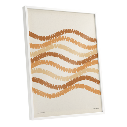 Woven Earth Rhythms, beige, brown, orange abstract wall art shown as a white framed poster wall art print