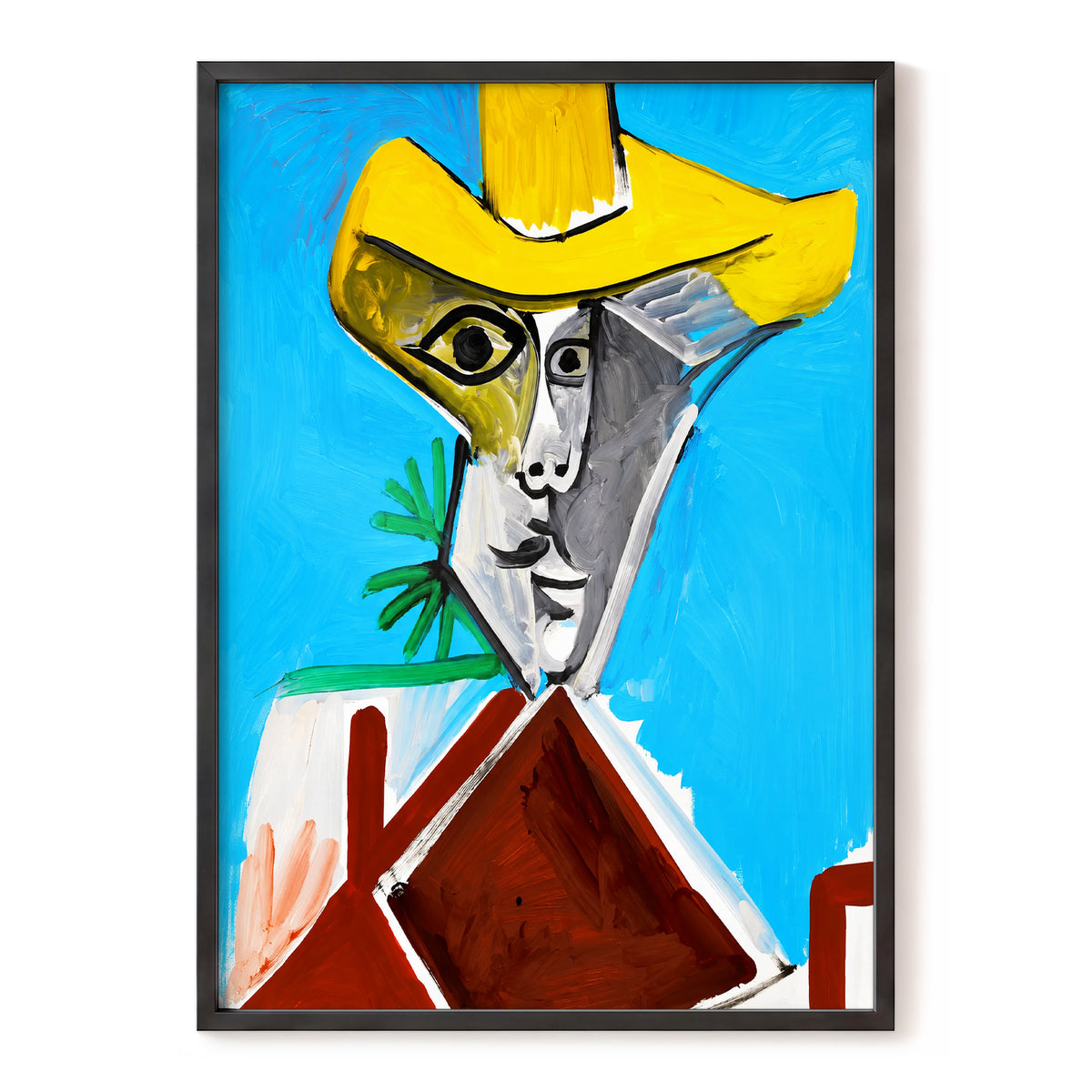 Yellow Hat, Blue Day, blue, yellow, brown abstract wall art, front artwork view