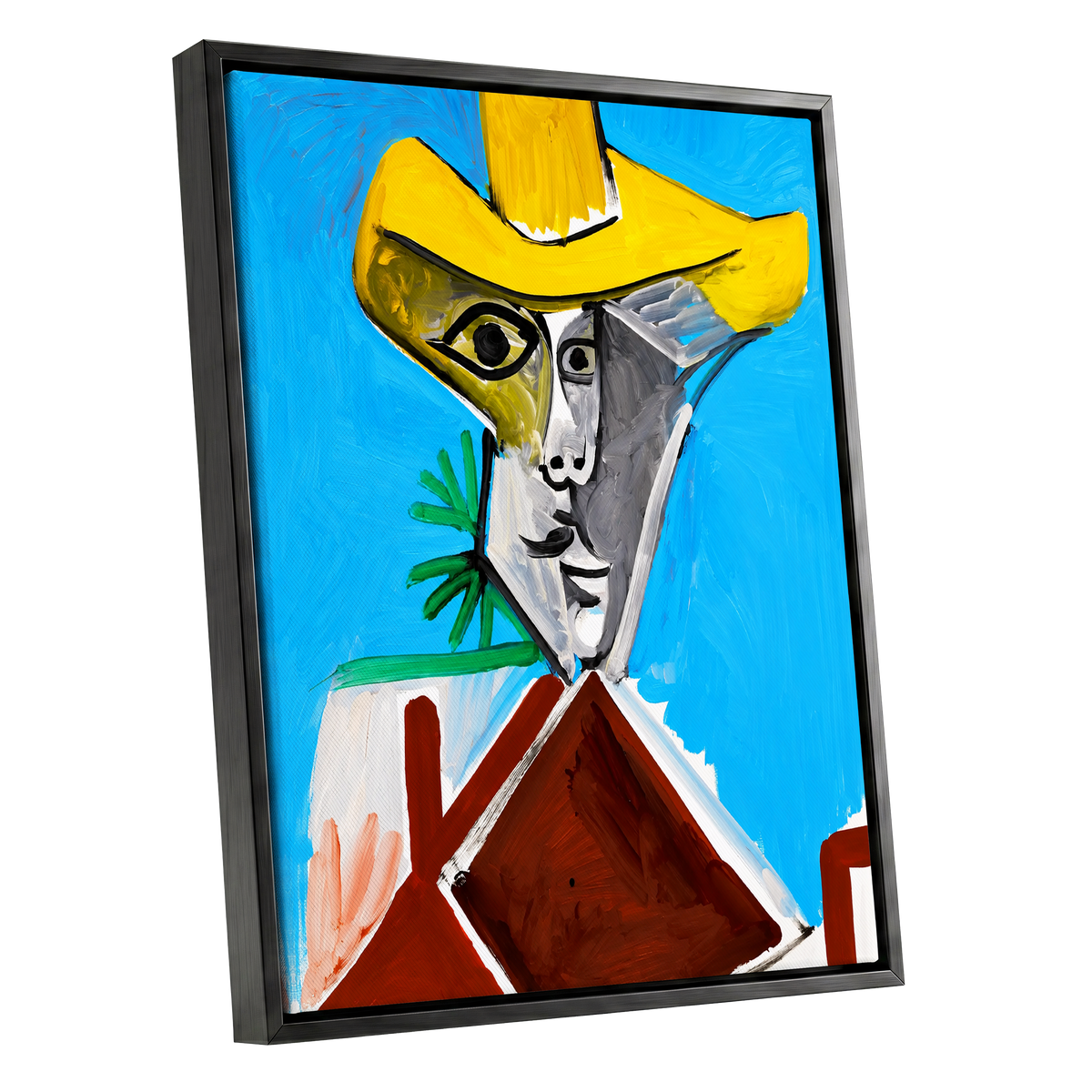 Yellow Hat, Blue Day, blue, yellow, brown abstract wall art shown as a black framed canvas wall art