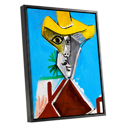 Yellow Hat, Blue Day, blue, yellow, brown abstract wall art shown as a black framed canvas wall art