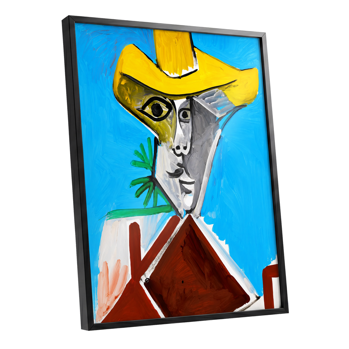 Yellow Hat, Blue Day, blue, yellow, brown abstract wall art shown as a black framed poster wall art print