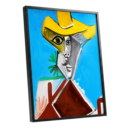 Yellow Hat, Blue Day, blue, yellow, brown abstract wall art shown as a black framed poster wall art print