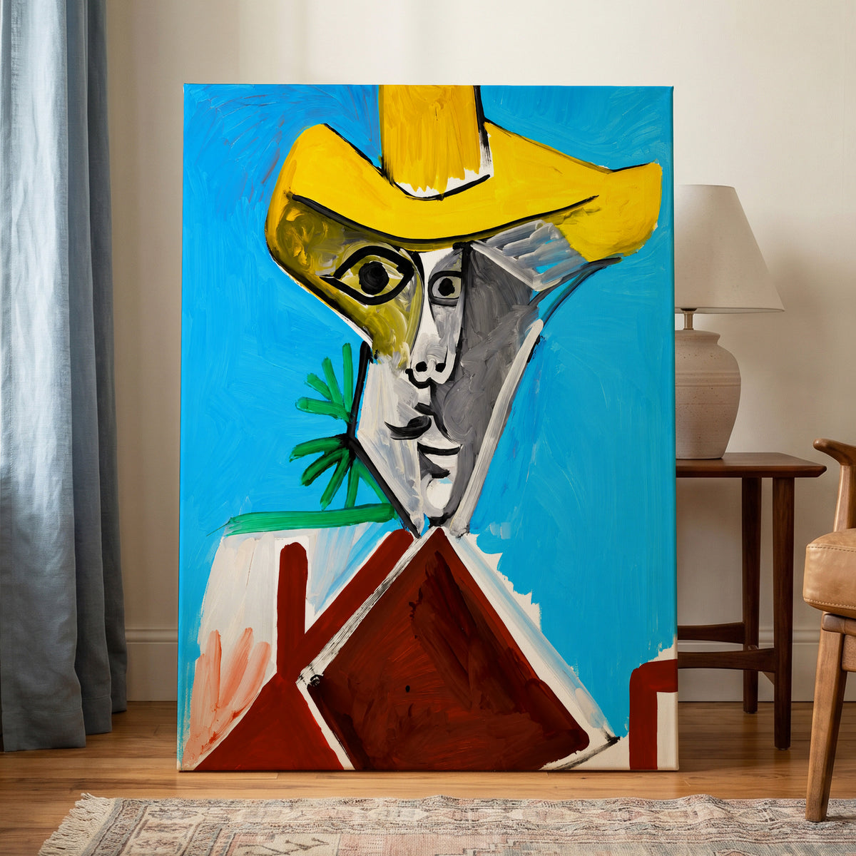 Yellow Hat, Blue Day, blue, yellow, brown abstract wall art on canvas displayed in a styled interior, gallery view 1
