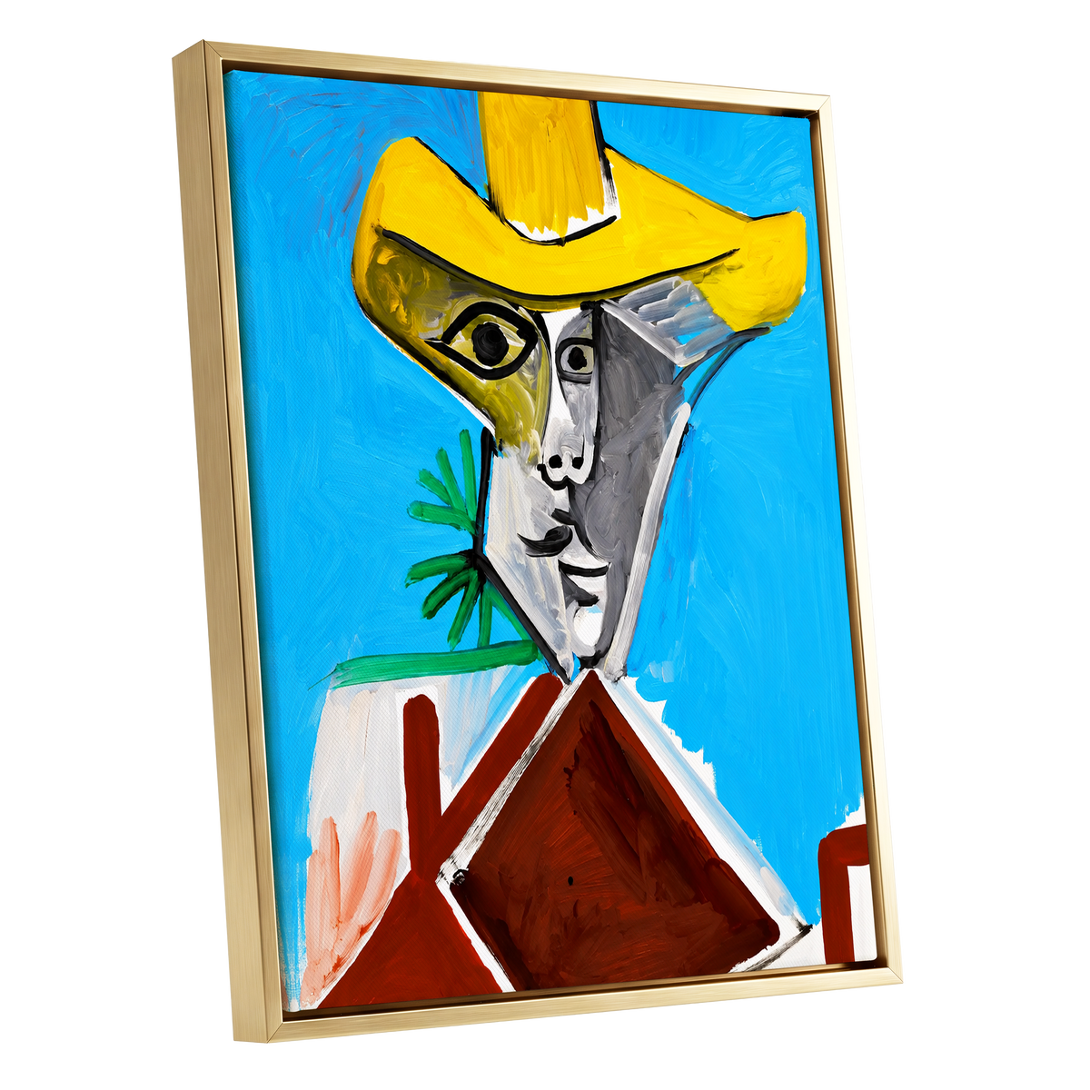 Yellow Hat, Blue Day, blue, yellow, brown abstract wall art shown as a gold framed canvas wall art