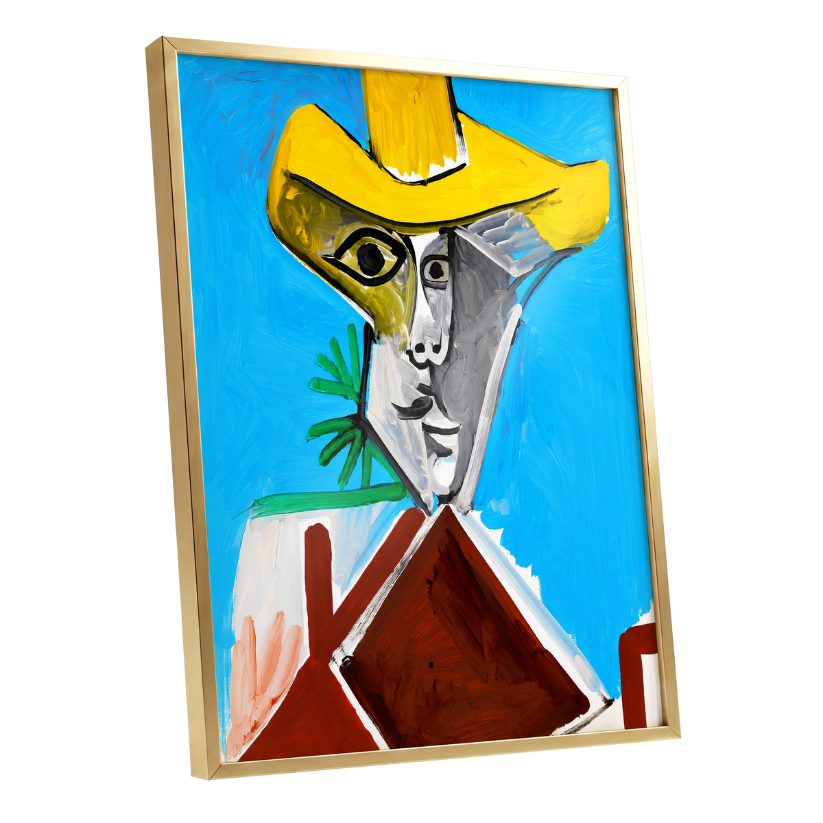 Yellow Hat, Blue Day, blue, yellow, brown abstract wall art shown as a gold framed poster wall art print