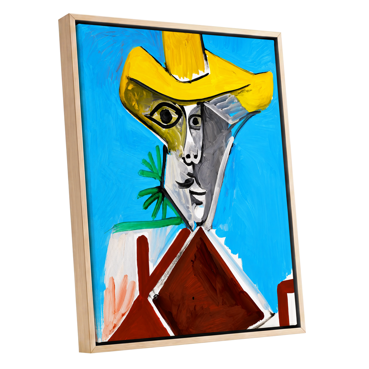 Yellow Hat, Blue Day, blue, yellow, brown abstract wall art shown as a oak framed canvas wall art