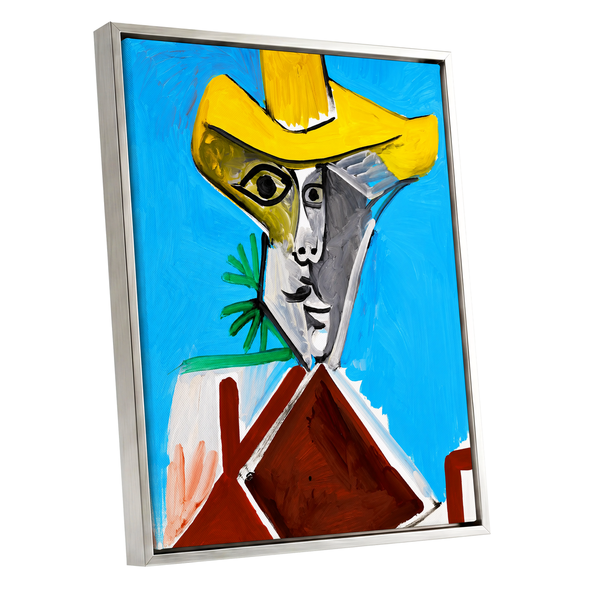 Yellow Hat, Blue Day, blue, yellow, brown abstract wall art shown as a silver framed canvas wall art