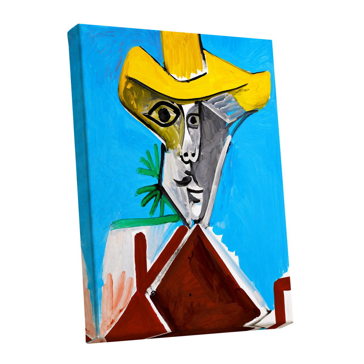 Yellow Hat, Blue Day, blue, yellow, brown abstract wall art shown as a stretched canvas wall art