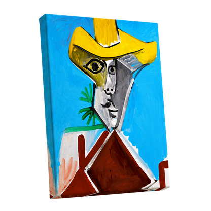 Yellow Hat, Blue Day, blue, yellow, brown abstract wall art shown as a stretched canvas wall art