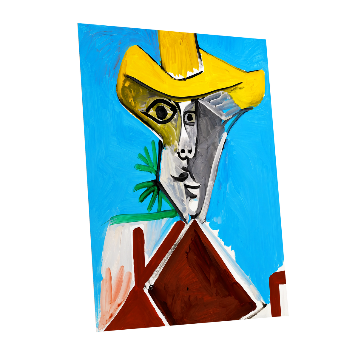 Yellow Hat, Blue Day, blue, yellow, brown abstract wall art shown as a unframed poster wall art print