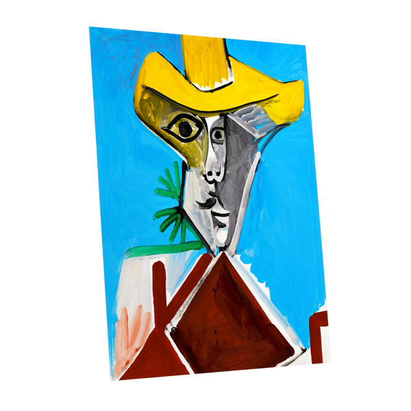 Yellow Hat, Blue Day, blue, yellow, brown abstract wall art shown as a unframed poster wall art print