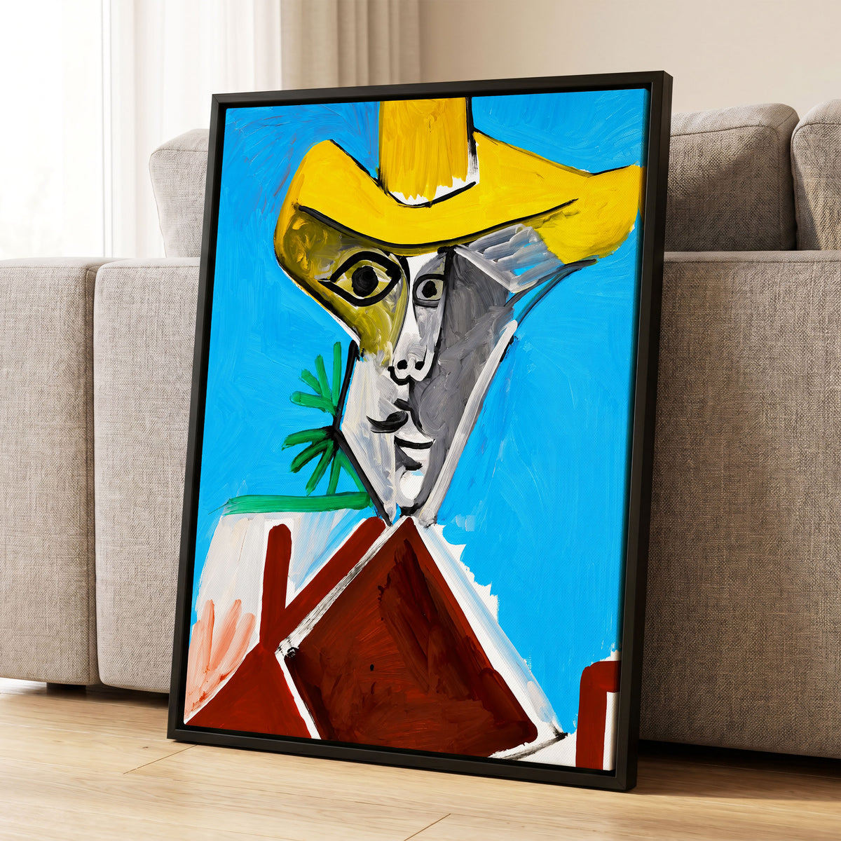 Yellow Hat, Blue Day, blue, yellow, brown abstract wall art displayed in a styled interior, gallery view 1