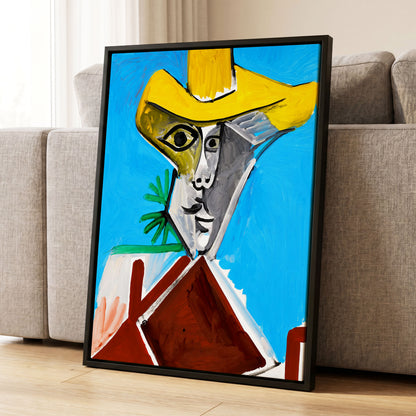 Yellow Hat, Blue Day, blue, yellow, brown abstract wall art displayed in a styled interior, gallery view 1