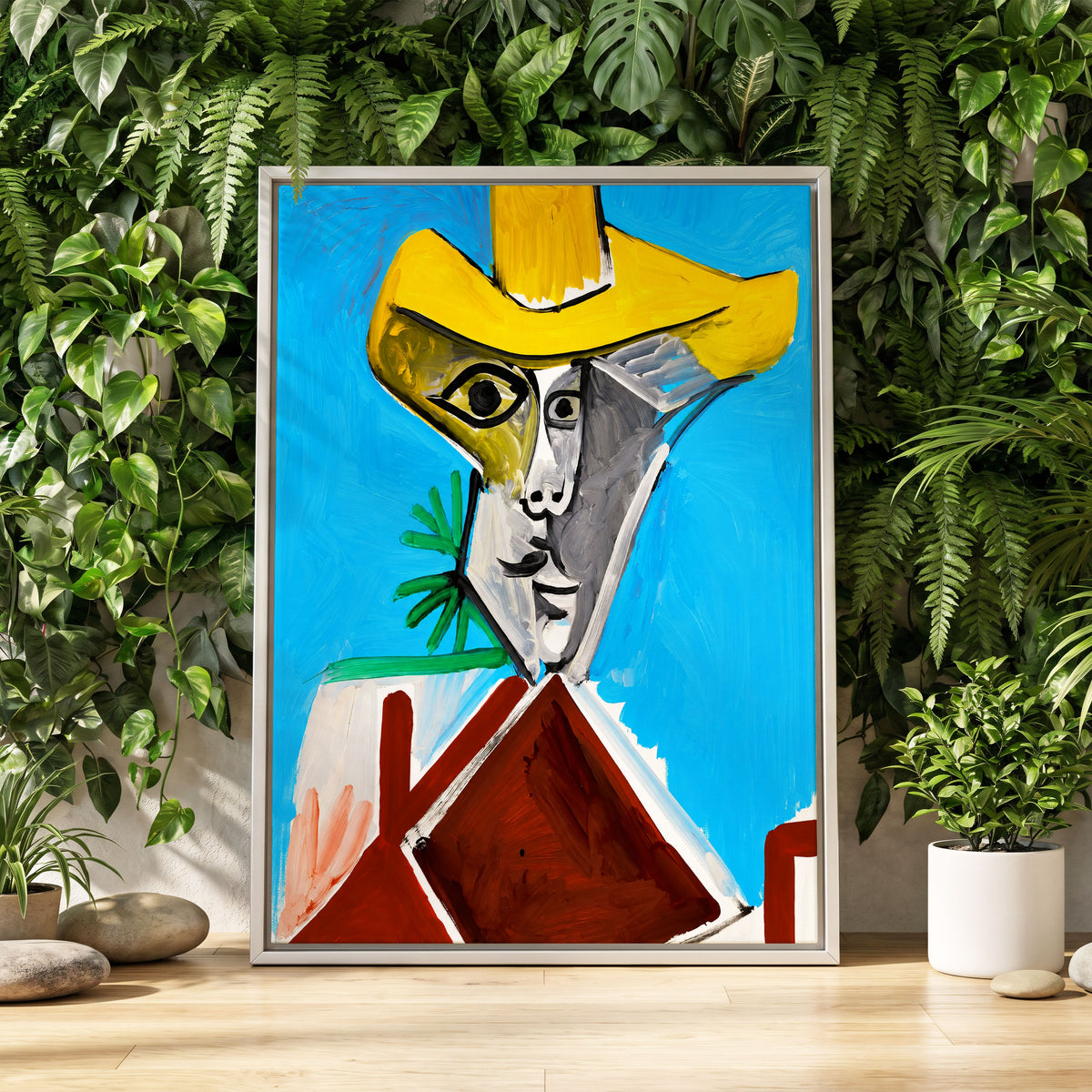 Yellow Hat, Blue Day, blue, yellow, brown abstract wall art displayed in a styled interior, gallery view 2