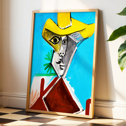 Yellow Hat, Blue Day, blue, yellow, brown abstract wall art displayed in a styled interior, gallery view 3