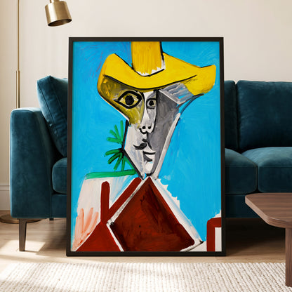 Yellow Hat, Blue Day, blue, yellow, brown abstract wall art displayed in a styled interior, gallery view 4