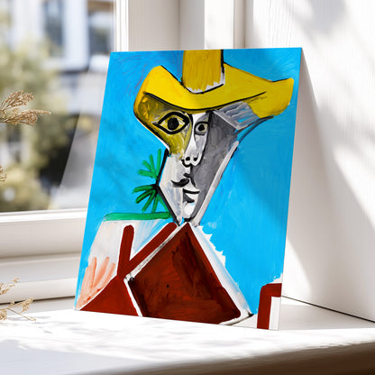 Yellow Hat, Blue Day, blue, yellow, brown abstract wall art displayed in a styled interior, gallery view 5