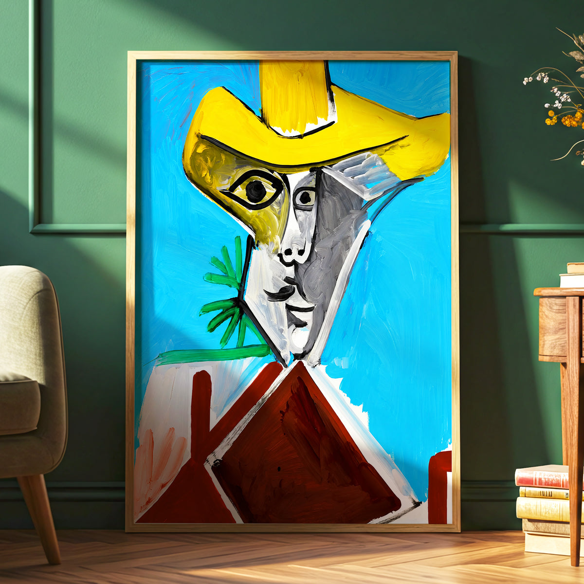 Yellow Hat, Blue Day, blue, yellow, brown abstract wall art displayed in a styled interior, gallery view 6