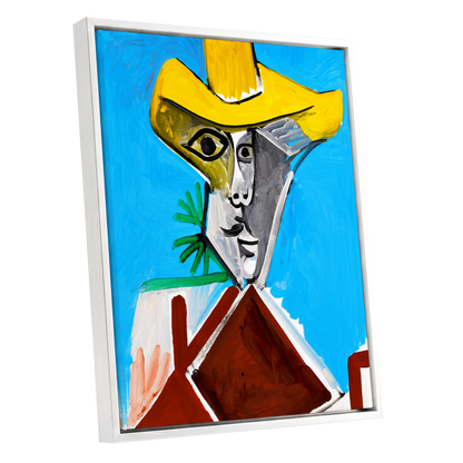 Yellow Hat, Blue Day, blue, yellow, brown abstract wall art shown as a white framed canvas wall art