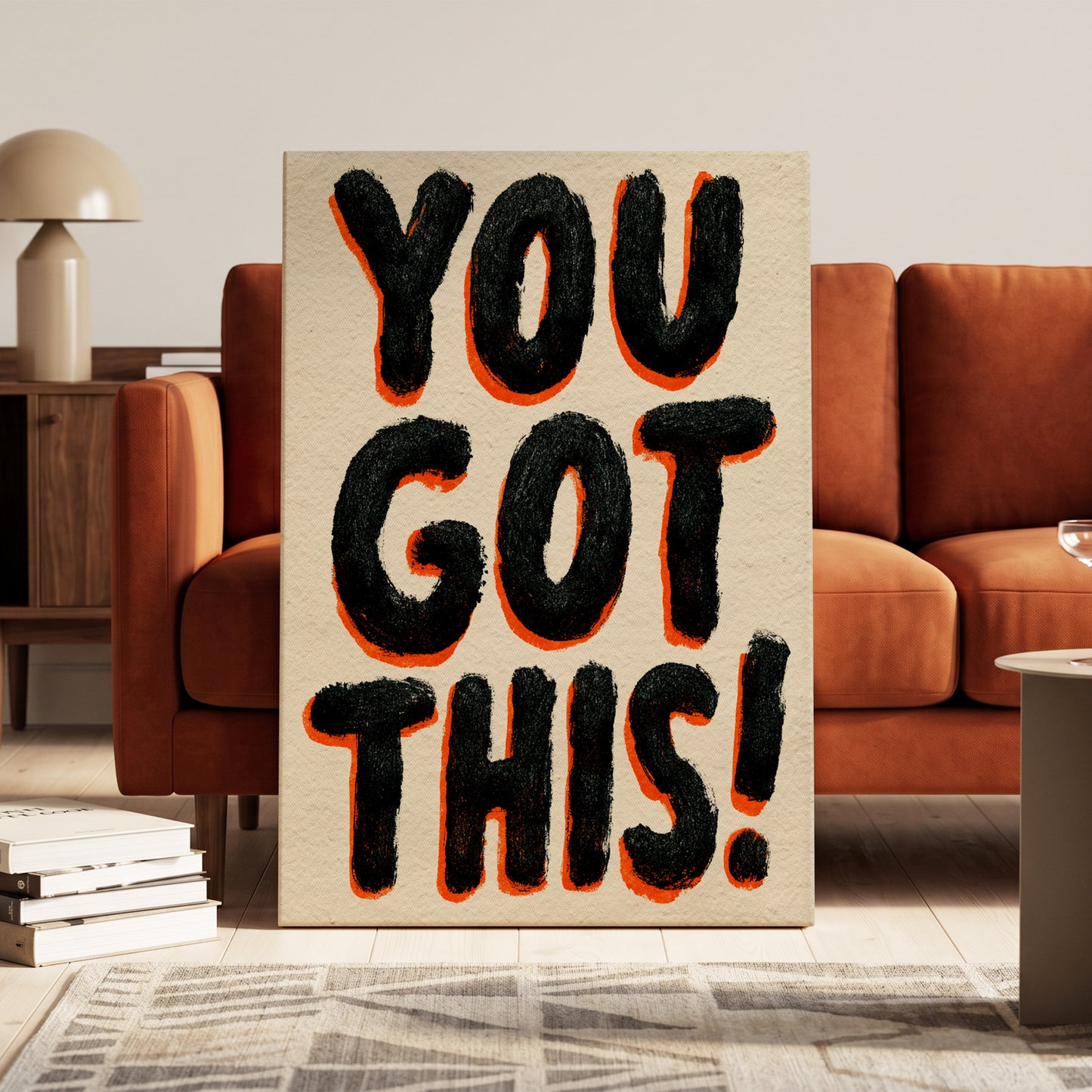 You've Got This, black, beige, orange minimalist wall art on canvas displayed in a styled interior, gallery view 1