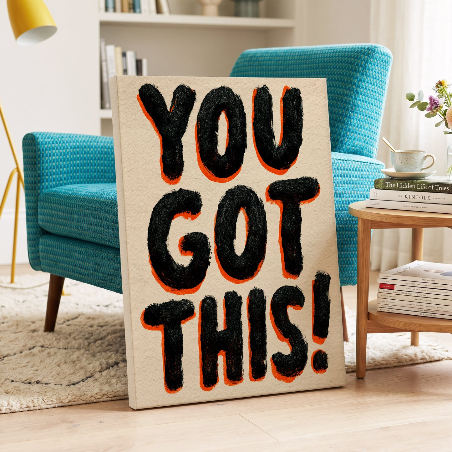 You've Got This, black, beige, orange minimalist wall art on canvas displayed in a styled interior, gallery view 2