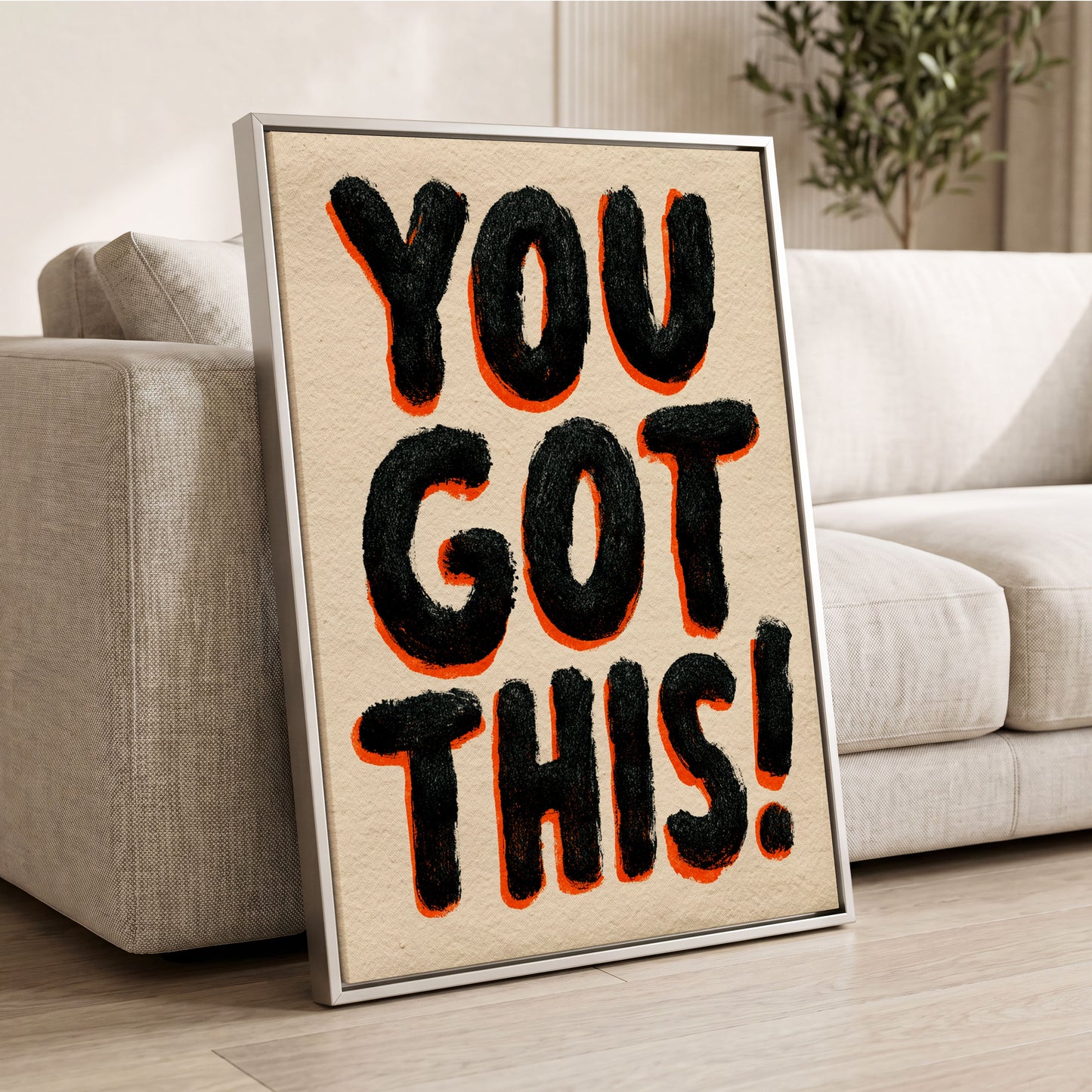 You've Got This, black, beige, orange minimalist wall art displayed in a styled interior, gallery view 2