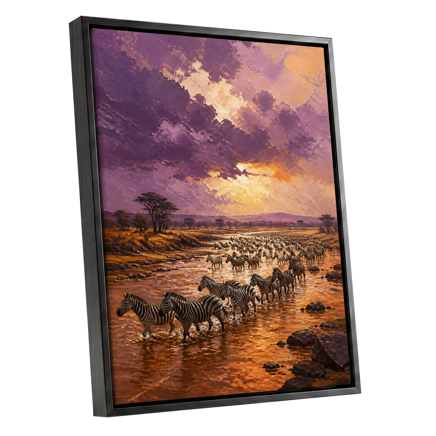 Zebra Crossing at Dusk, purple, orange, brown nature wall art shown as a black framed canvas wall art