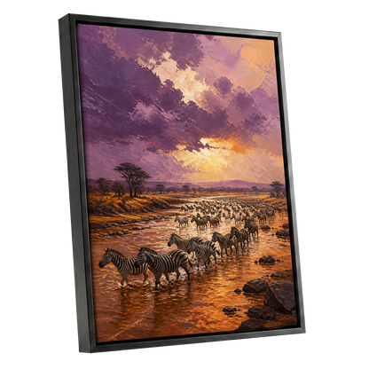Zebra Crossing at Dusk, purple, orange, brown nature wall art shown as a black framed canvas wall art