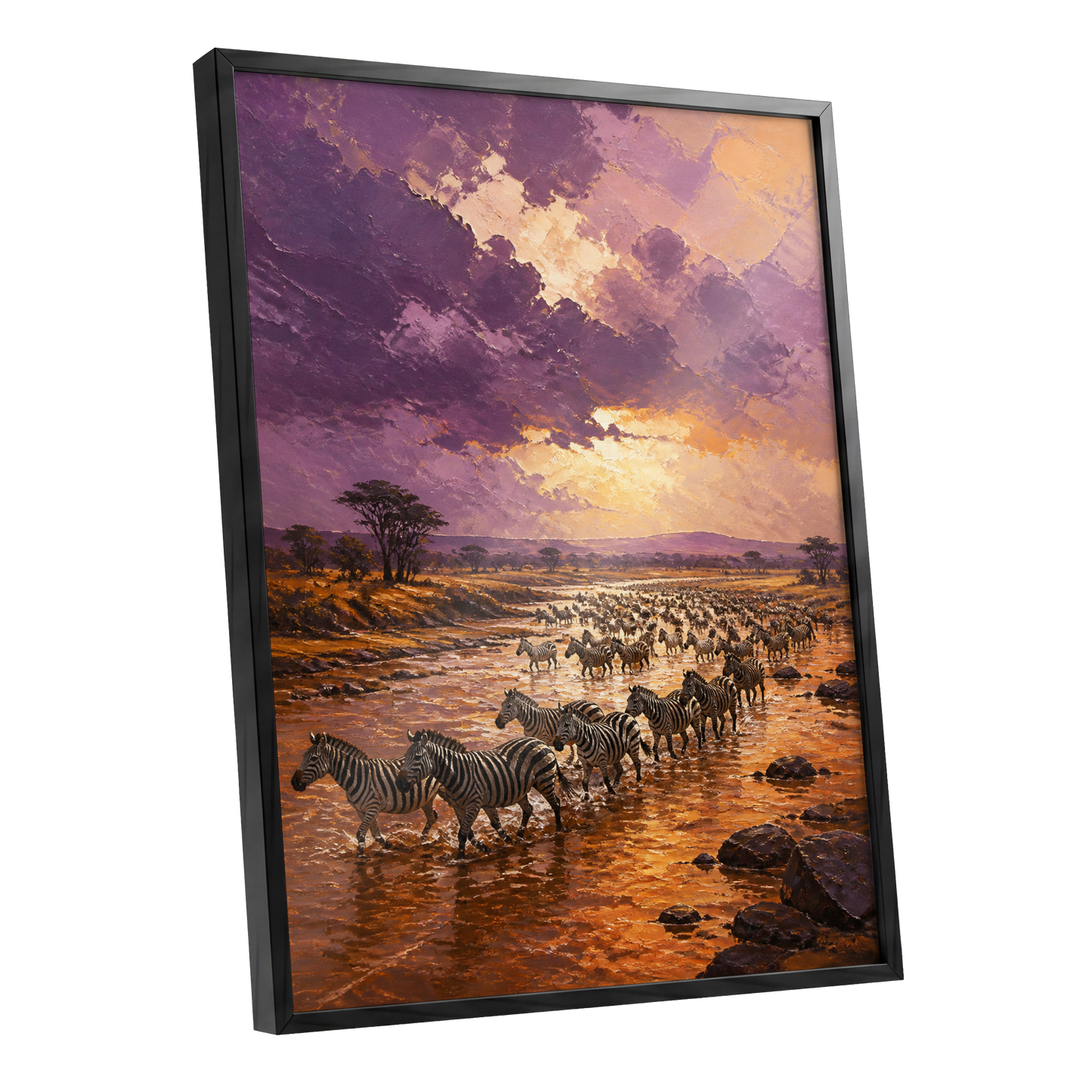 Zebra Crossing at Dusk, purple, orange, brown nature wall art shown as a black framed poster wall art print