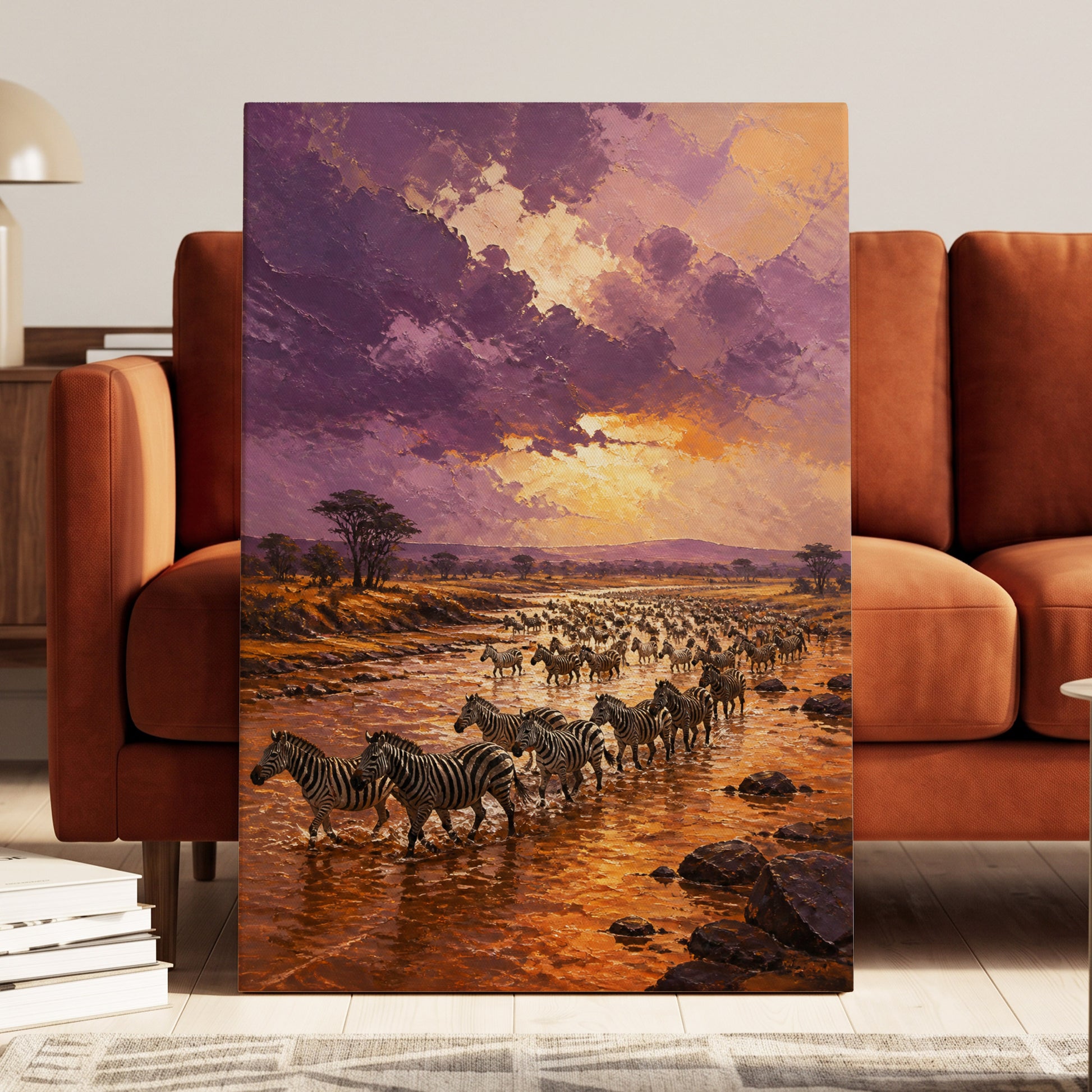 Zebra Crossing at Dusk, purple, orange, brown nature wall art on canvas displayed in a styled interior, gallery view 1