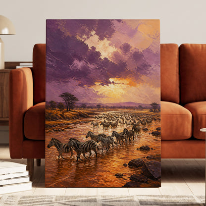 Zebra Crossing at Dusk, purple, orange, brown nature wall art on canvas displayed in a styled interior, gallery view 1
