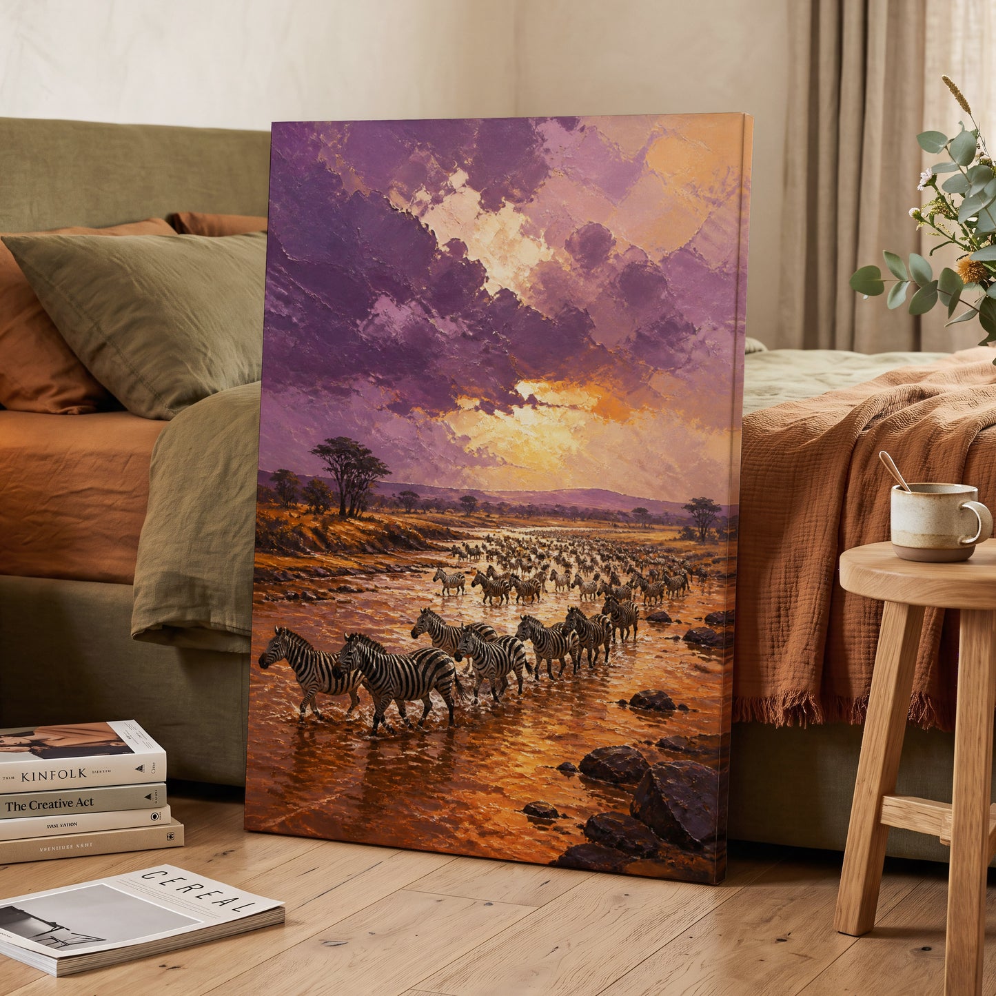 Zebra Crossing at Dusk, purple, orange, brown nature wall art on canvas displayed in a styled interior, gallery view 2