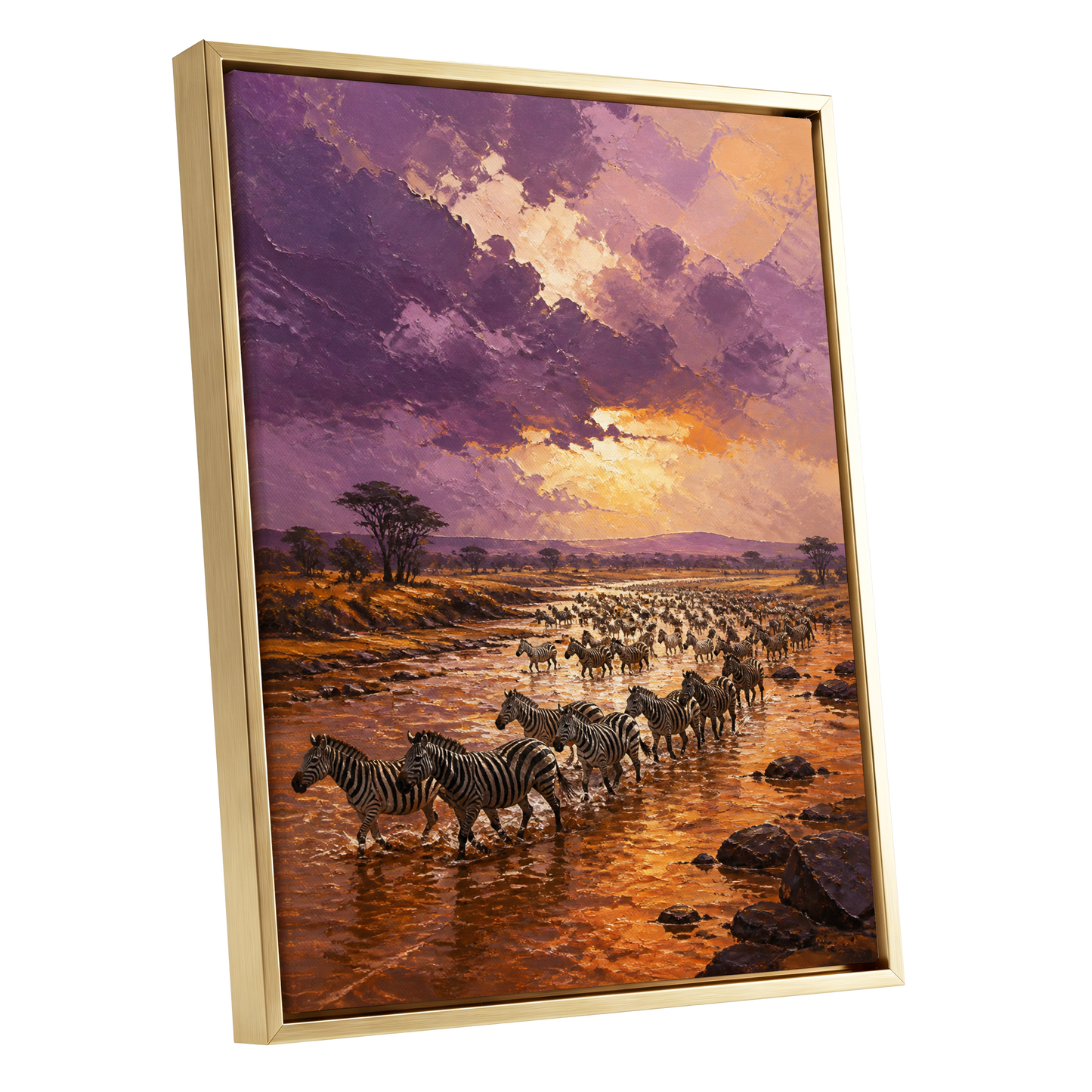 Zebra Crossing at Dusk, purple, orange, brown nature wall art shown as a gold framed canvas wall art