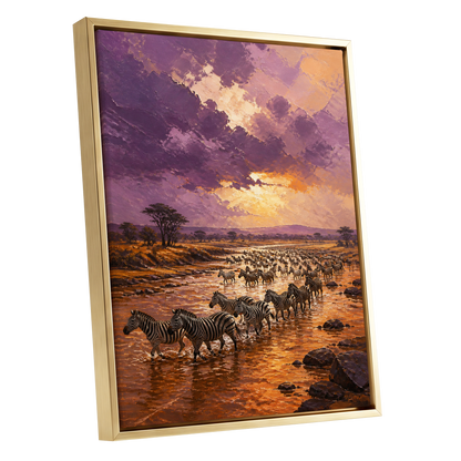 Zebra Crossing at Dusk, purple, orange, brown nature wall art shown as a gold framed canvas wall art