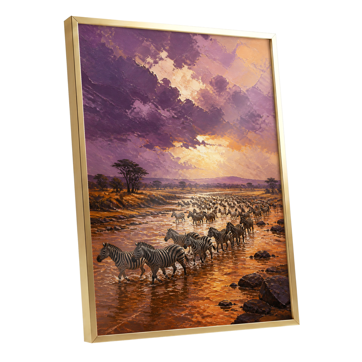 Zebra Crossing at Dusk, purple, orange, brown nature wall art shown as a gold framed poster wall art print