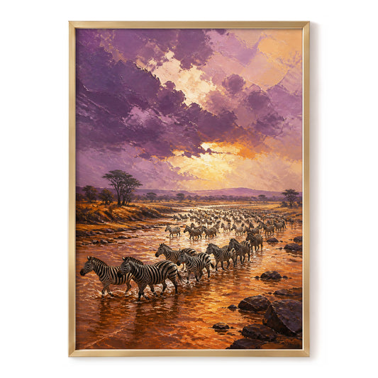 Zebra Crossing at Dusk, purple, orange, brown nature wall art, front artwork view