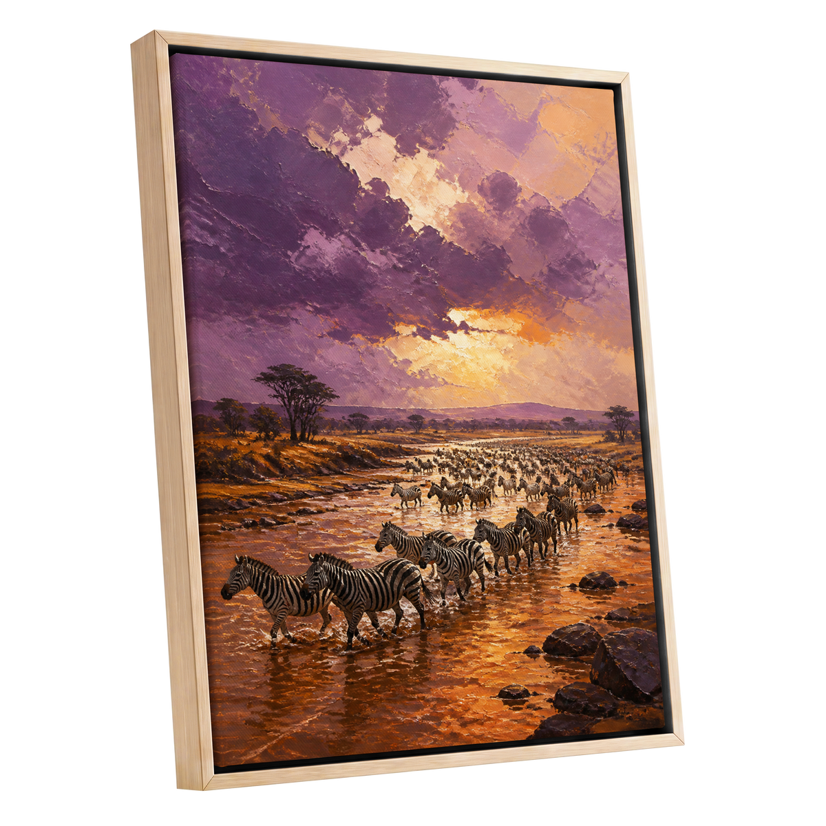 Zebra Crossing at Dusk, purple, orange, brown nature wall art shown as a oak framed canvas wall art