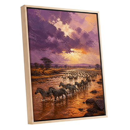 Zebra Crossing at Dusk, purple, orange, brown nature wall art shown as a oak framed canvas wall art