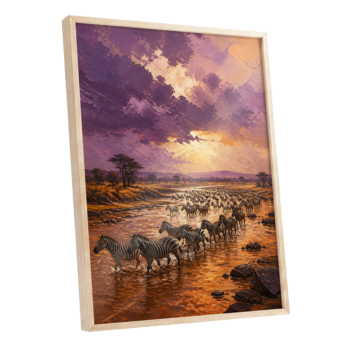Zebra Crossing at Dusk, purple, orange, brown nature wall art shown as a oak framed poster wall art print