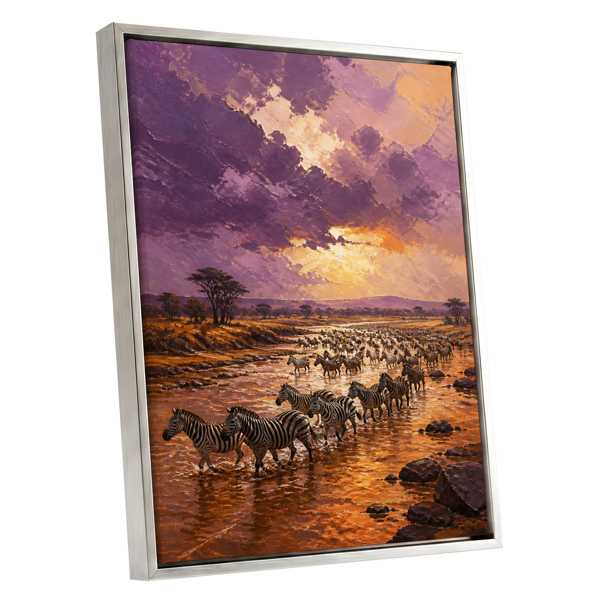 Zebra Crossing at Dusk, purple, orange, brown nature wall art shown as a silver framed canvas wall art