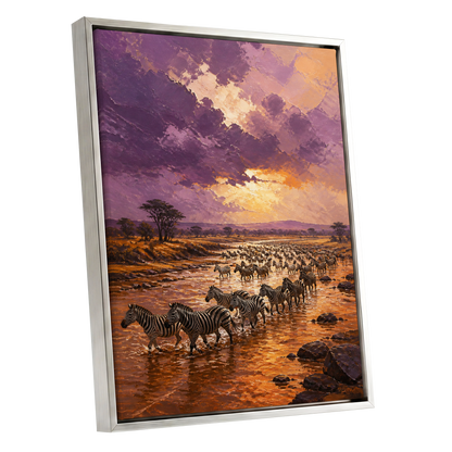 Zebra Crossing at Dusk, purple, orange, brown nature wall art shown as a silver framed canvas wall art