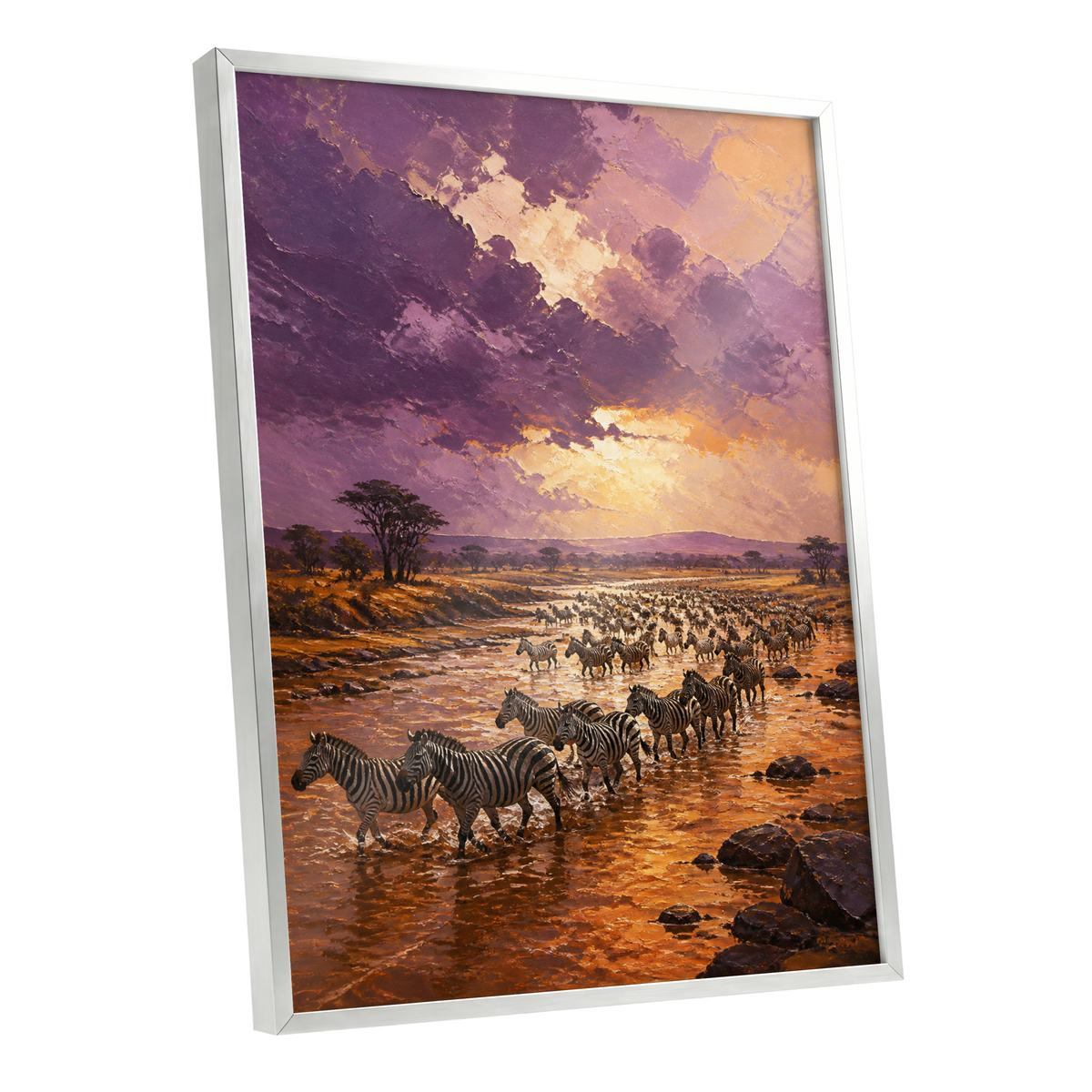 Zebra Crossing at Dusk, purple, orange, brown nature wall art shown as a silver framed poster wall art print