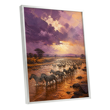 Zebra Crossing at Dusk, purple, orange, brown nature wall art shown as a silver framed poster wall art print