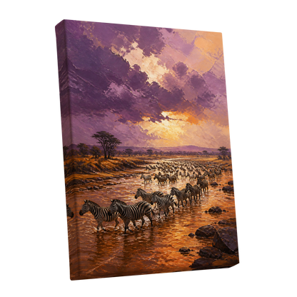 Zebra Crossing at Dusk, purple, orange, brown nature wall art shown as a stretched canvas wall art