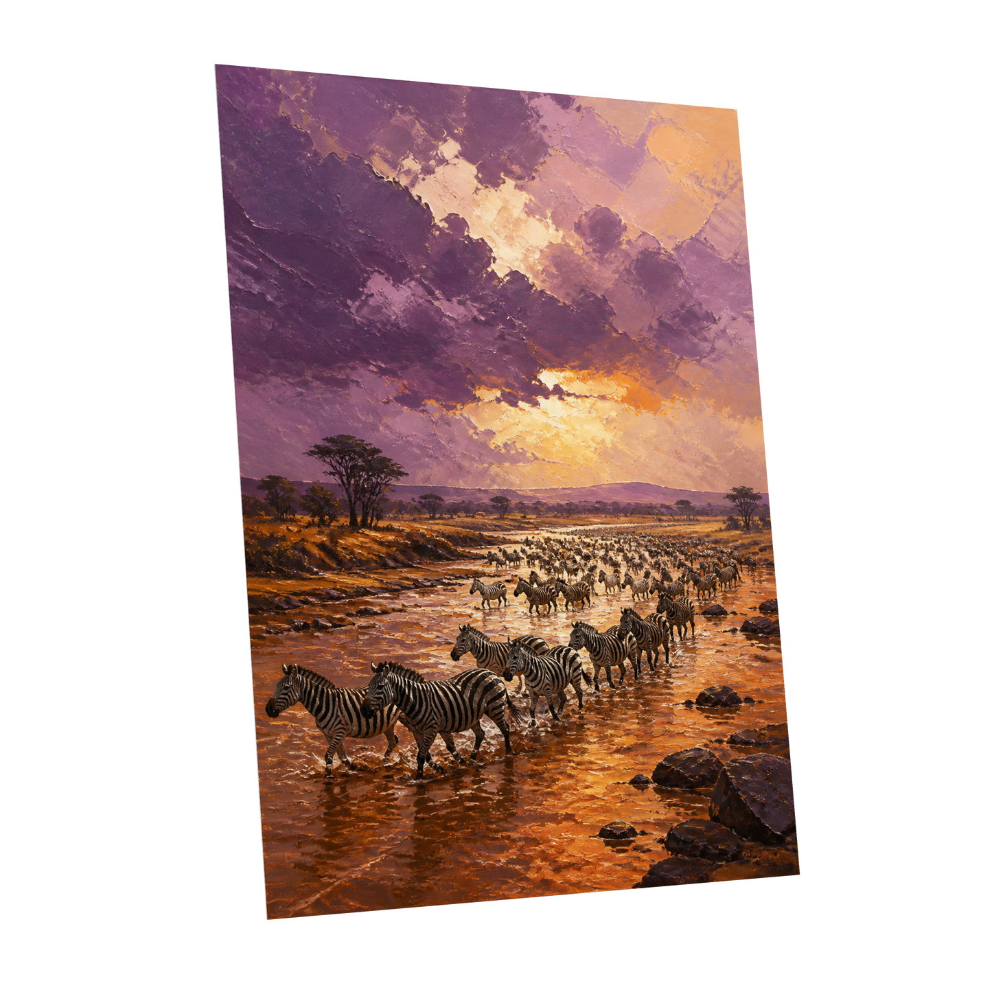 Zebra Crossing at Dusk, purple, orange, brown nature wall art shown as a unframed poster wall art print