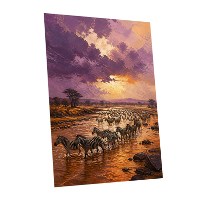 Zebra Crossing at Dusk, purple, orange, brown nature wall art shown as a unframed poster wall art print