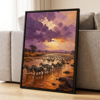 Zebra Crossing at Dusk, purple, orange, brown nature wall art displayed in a styled interior, gallery view 1